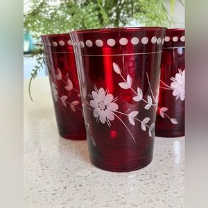 3 Vintage William Sonoma etched Tumblers ruby red juice glasses
